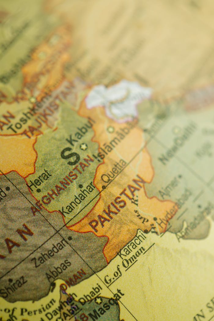Detailed close-up of a Middle Eastern map showing Pakistan and Afghanistan.